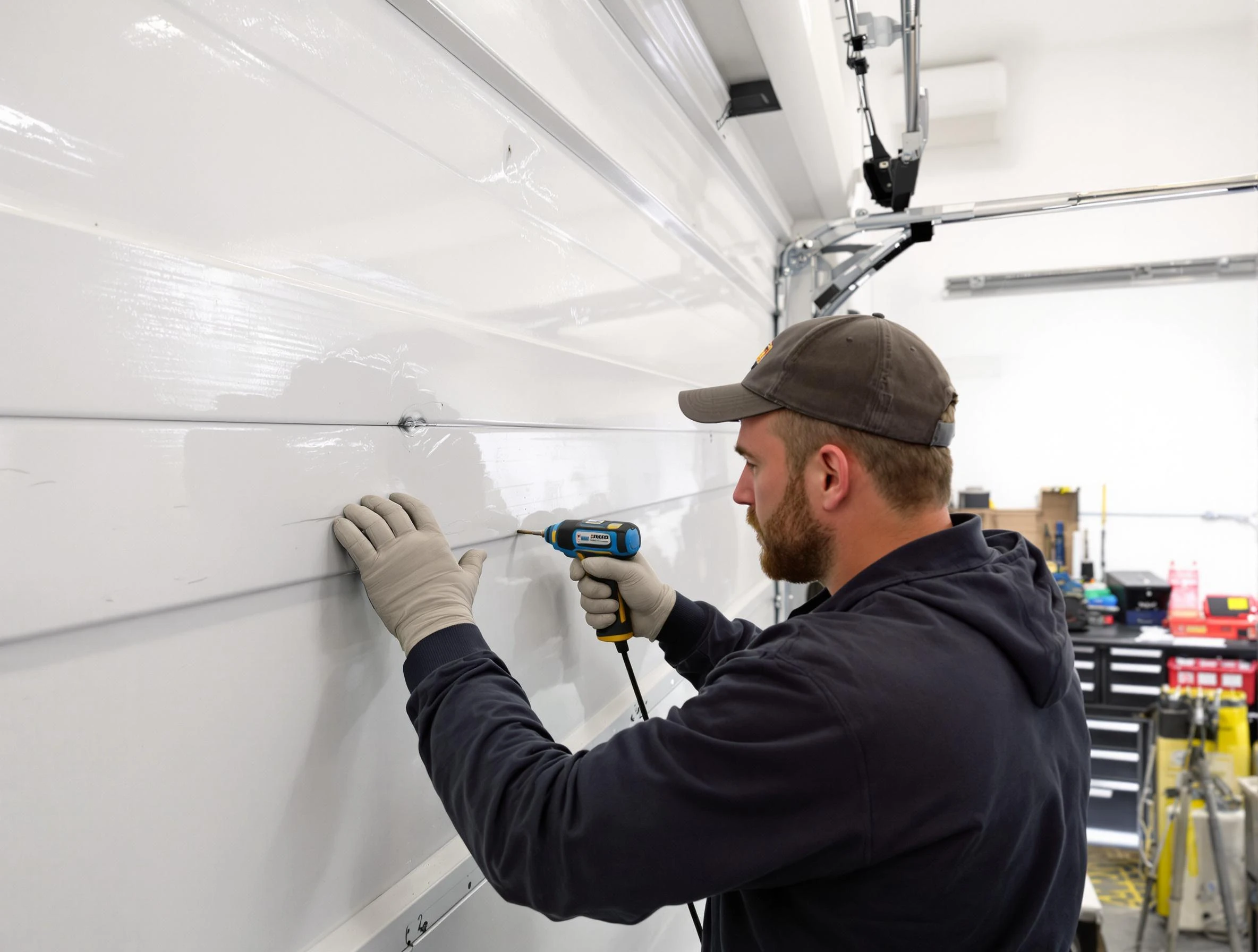Oakmont Garage Door Repair technician demonstrating precision dent removal techniques on a Oakmont garage door